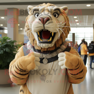 Tan Saber-Toothed Tiger mascot costume character dressed with a Turtleneck and Necklaces