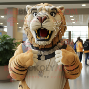 Tan Saber-Toothed Tiger mascot costume character dressed with a Turtleneck and Necklaces