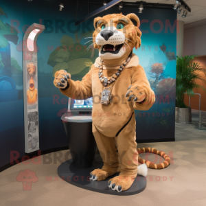 Tan Saber-Toothed Tiger mascot costume character dressed with a Turtleneck and Necklaces