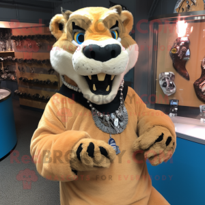 Tan Saber-Toothed Tiger mascot costume character dressed with a Turtleneck and Necklaces