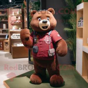 Maroon Bear mascot costume character dressed with a Cargo Shorts and Smartwatches