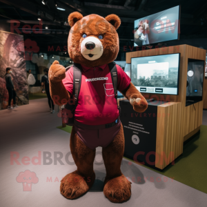 Maroon Bear mascot costume character dressed with a Cargo Shorts and Smartwatches
