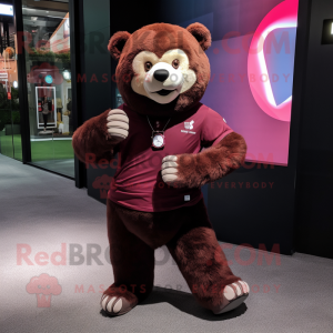 Maroon Bear mascot costume character dressed with a Cargo Shorts and Smartwatches