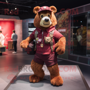 Maroon Bear mascot costume character dressed with a Cargo Shorts and Smartwatches