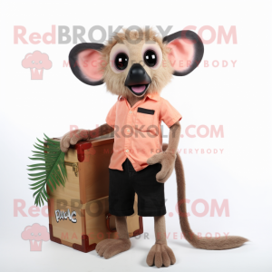 Peach Aye-Aye mascot costume character dressed with a Cargo Shorts and Shawl pins