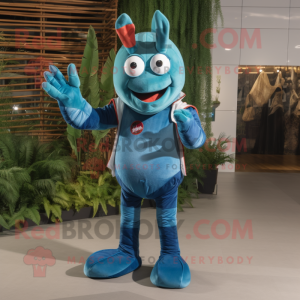 Cyan Lobster mascot costume character dressed with a Flare Jeans and Necklaces