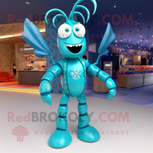 Cyan Lobster mascot costume character dressed with a Flare Jeans and Necklaces