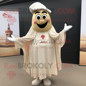 Beige Paella mascot costume character dressed with a Empire Waist Dress and Lapel pins