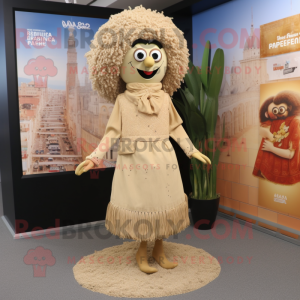 Beige Paella mascot costume character dressed with a Empire Waist Dress and Lapel pins