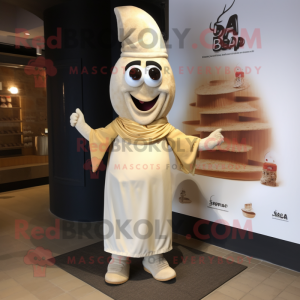 Beige Paella mascot costume character dressed with a Empire Waist Dress and Lapel pins