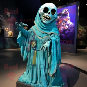 Turquoise Undead mascot costume character dressed with a Dress and Shawl pins