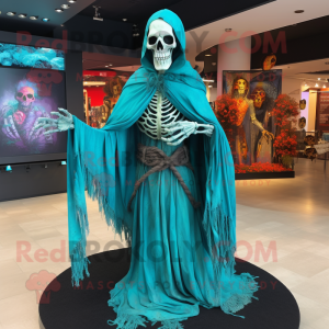 Turquoise Undead mascot costume character dressed with a Dress and Shawl pins