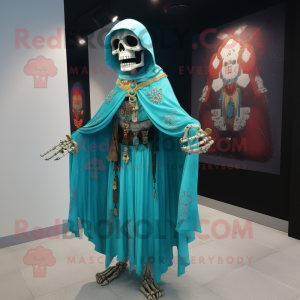 Turquoise Undead mascot costume character dressed with a Dress and Shawl pins
