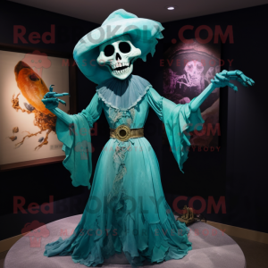 Turquoise Undead mascot costume character dressed with a Dress and Shawl pins