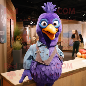 Purple Butter Chicken mascot costume character dressed with a Chambray Shirt and Shawls