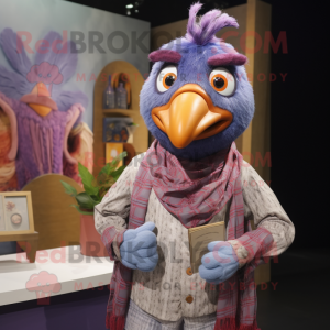 Purple Butter Chicken mascot costume character dressed with a Chambray Shirt and Shawls