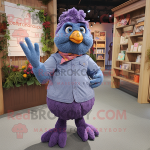 Purple Butter Chicken mascot costume character dressed with a Chambray Shirt and Shawls