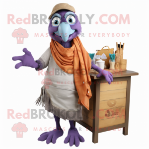 Purple Butter Chicken mascot costume character dressed with a Chambray Shirt and Shawls