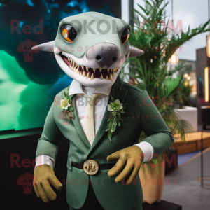 Olive Shark mascot costume character dressed with a Blazer and Necklaces