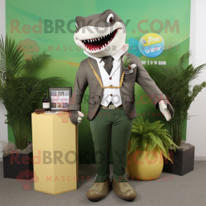 Olive Shark mascot costume character dressed with a Blazer and Necklaces