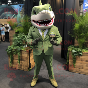 Olive Shark mascot costume character dressed with a Blazer and Necklaces
