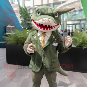 Olive Shark mascot costume character dressed with a Blazer and Necklaces
