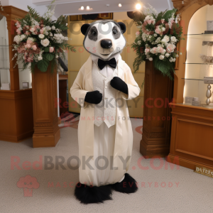 Cream Badger mascot costume character dressed with a Wedding Dress and Pocket squares