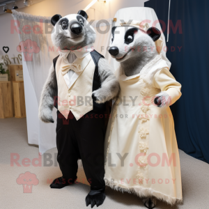 Cream Badger mascot costume character dressed with a Wedding Dress and Pocket squares