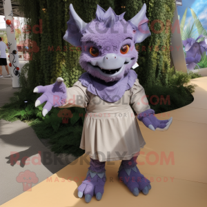 Lavender Gargoyle mascot costume character dressed with a Romper and Shoe clips