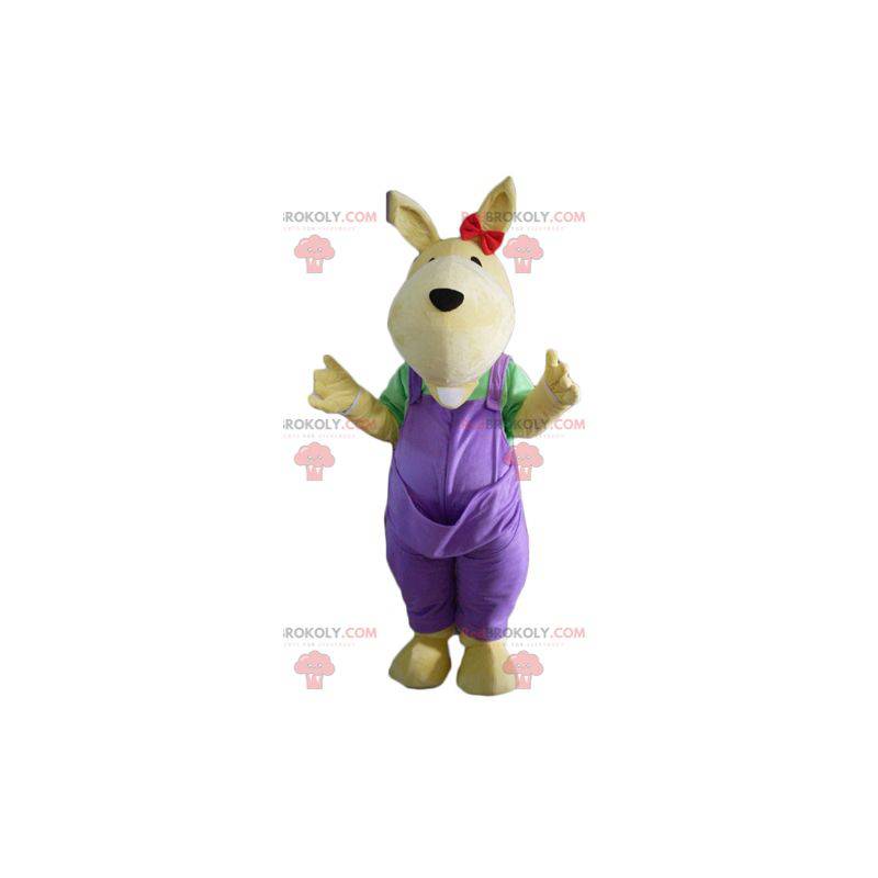 Gelbes Känguru-Maskottchen mit lila Overalls - Redbrokoly.com