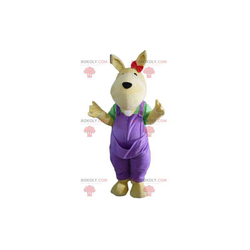 Gul kenguru maskot med lilla kjeledress - Redbrokoly.com