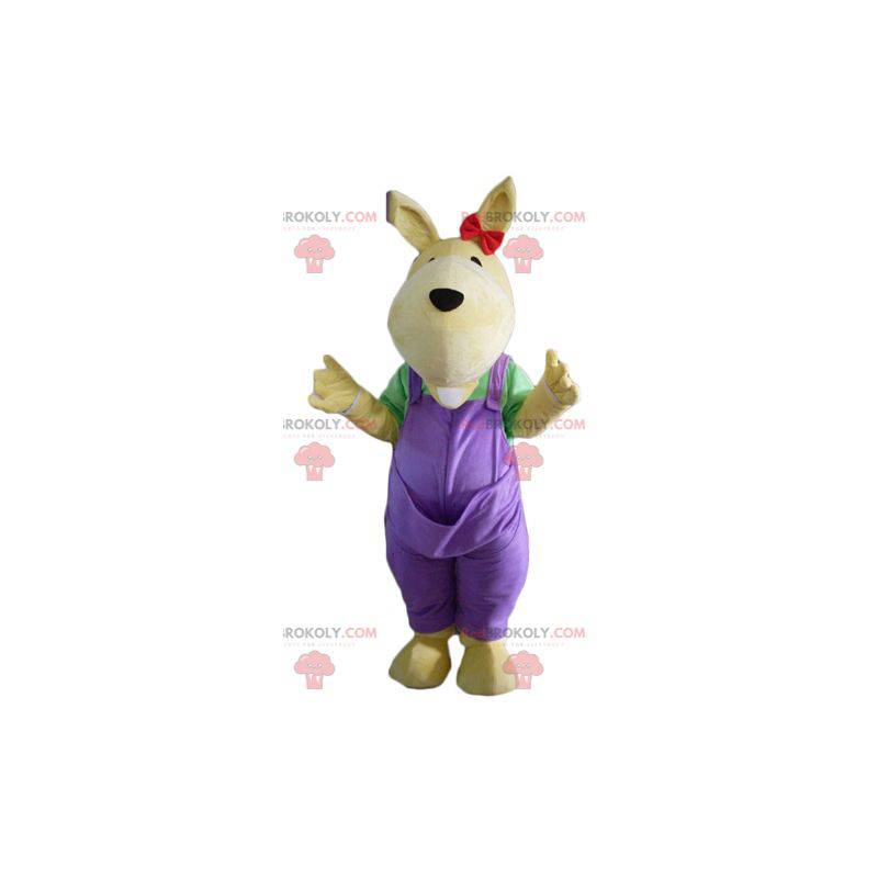 Mascote canguru amarelo com macacão roxo - Redbrokoly.com