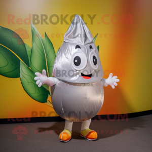 Silver Mango mascot costume character dressed with a Shorts and Hair clips