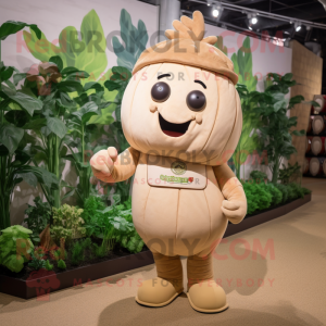 Tan Turnip mascot costume character dressed with a Romper and Shoe laces