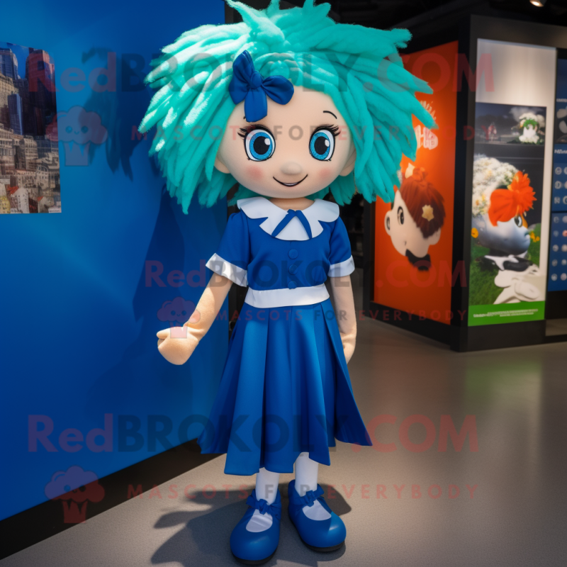 Blue Irish Flag mascot costume character dressed with a Romper and Hair clips Blue Irish Flag mascot costume character dressed with a Romper and Hair clips