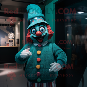 Teal Clown mascot costume character dressed with a Sweater and Caps