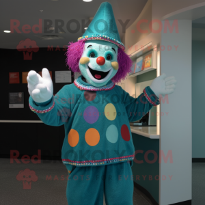 Teal Clown mascot costume character dressed with a Sweater and Caps