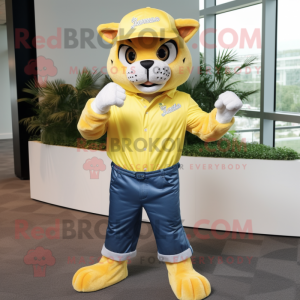 Lemon Yellow Puma mascot costume character dressed with a Bootcut Jeans and Caps