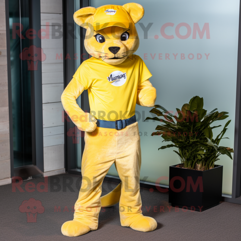 Lemon Yellow Puma mascot costume character dressed with a Bootcut Jeans and Caps Lemon Yellow Puma mascot costume character dressed with a Bootcut Jeans and Caps