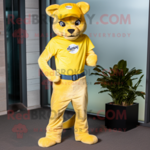 Lemon Yellow Puma mascot costume character dressed with a Bootcut Jeans and Caps