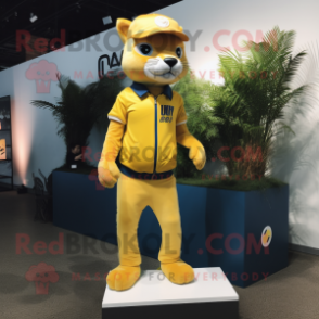 Lemon Yellow Puma mascot costume character dressed with a Bootcut Jeans and Caps