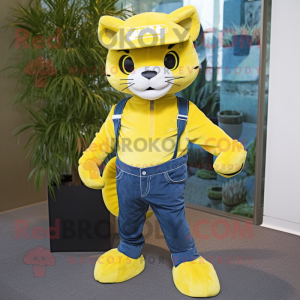 Lemon Yellow Puma mascot costume character dressed with a Bootcut Jeans and Caps
