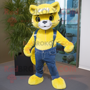 Lemon Yellow Puma mascot costume character dressed with a Bootcut Jeans and Caps