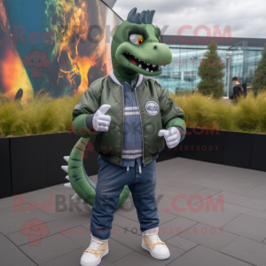 Gray Loch Ness Monster mascot costume character dressed with a Bomber Jacket and Smartwatches