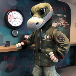 Gray Loch Ness Monster mascot costume character dressed with a Bomber Jacket and Smartwatches