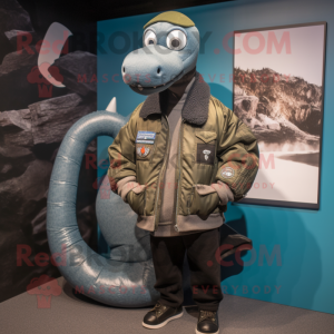 Gray Loch Ness Monster mascot costume character dressed with a Bomber Jacket and Smartwatches