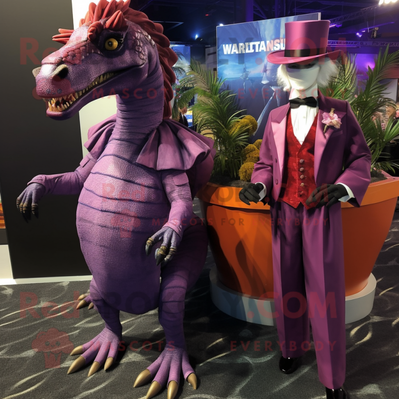 Purple Spinosaurus mascot costume character dressed with a Evening Gown and Pocket squares