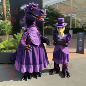 Purple Spinosaurus mascot costume character dressed with a Evening Gown and Pocket squares