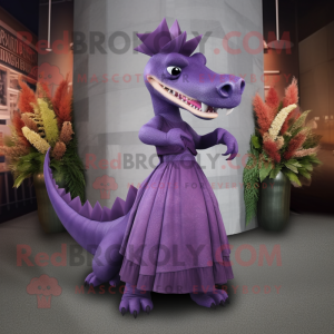 Purple Spinosaurus mascot costume character dressed with a Evening Gown and Pocket squares