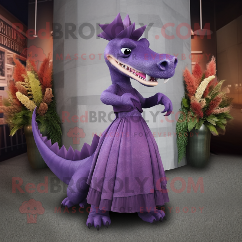 Purple Spinosaurus mascot costume character dressed with a Evening Gown and Pocket squares Purple Spinosaurus mascot costume character dressed with a Evening Gown and Pocket squares
